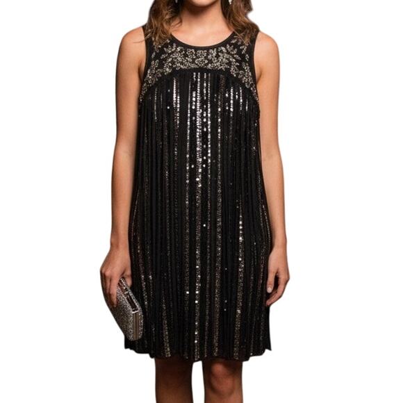 Parker Black Gold Beaded Sequin Twirl Fringe Flapper Gatsby Dress Size XS/S - Picture 1 of 16